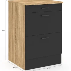 Meuble bas de cuisine 60 cm appoint casserolier 3 tiroirs bois et noir