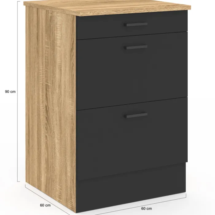 Meuble bas de cuisine 60 cm appoint casserolier 3 tiroirs bois et noir