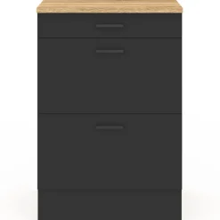 Meuble bas de cuisine 60 cm appoint casserolier 3 tiroirs bois et noir