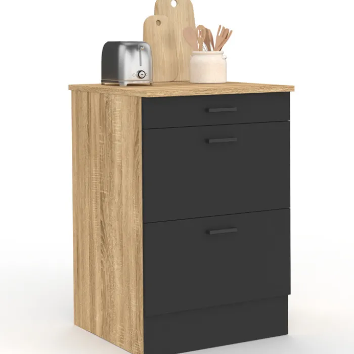 Meuble bas de cuisine 60 cm appoint casserolier 3 tiroirs bois et noir