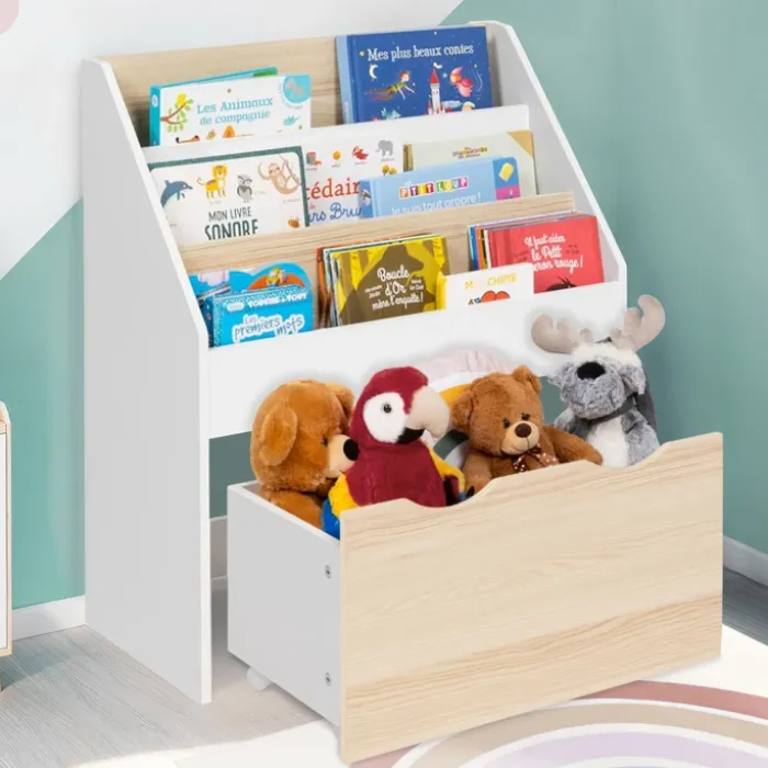 Meuble bibliothèque pour enfant blanc et hêtre avec 3 étagères et 1 bac