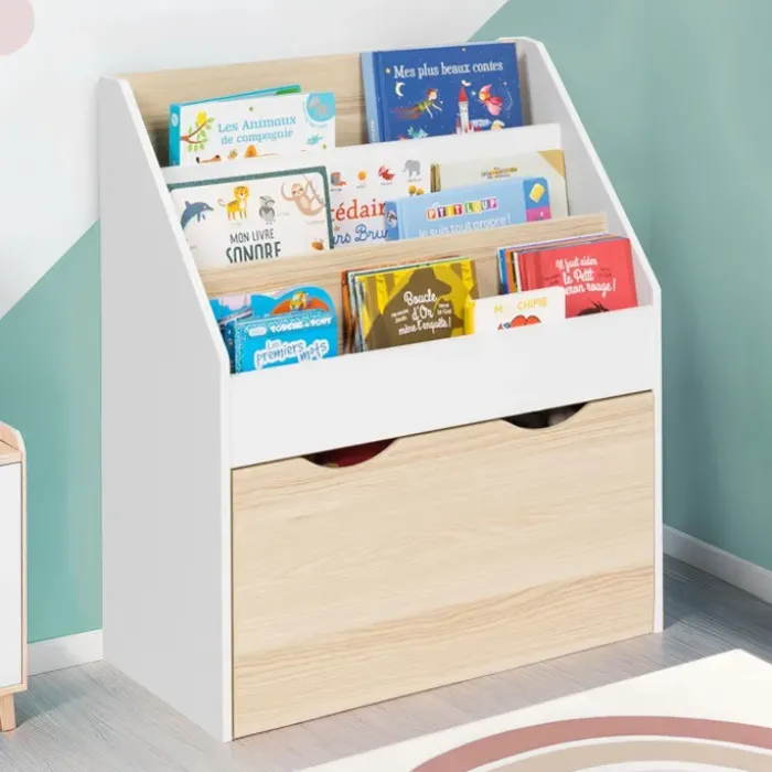 Meuble bibliothèque pour enfant blanc et hêtre avec 3 étagères et 1 bac