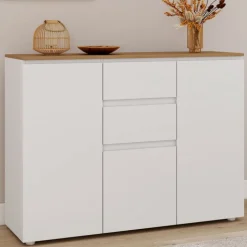 Meuble buffet 100 cm 3 portes 2 tiroirs blanc et plateau bois