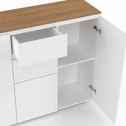 Meuble buffet 100 cm 3 portes 2 tiroirs blanc et plateau bois