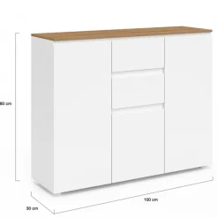 Meuble buffet 100 cm 3 portes 2 tiroirs blanc et plateau bois