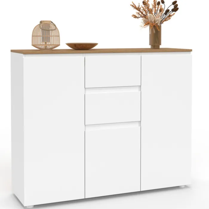 Meuble buffet 100 cm 3 portes 2 tiroirs blanc et plateau bois