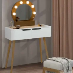 Meuble coiffeuse blanche style scandinave avec miroir LED et tiroirs