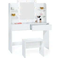 Meuble coiffeuse blanche avec miroir LED et tabouret