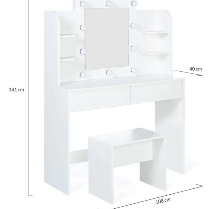 Meuble coiffeuse blanche avec miroir LED et tabouret