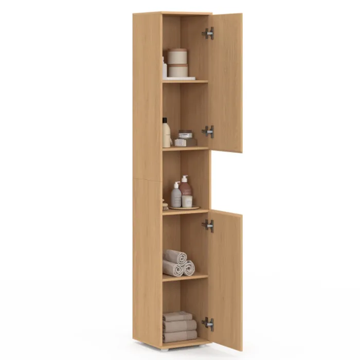 Meuble colonne de salle de bain 170 cm 2 portes 1 niche effet lattes