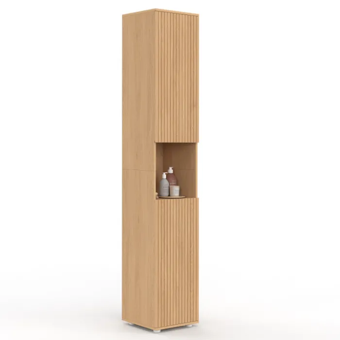 Meuble colonne de salle de bain 170 cm 2 portes 1 niche effet lattes