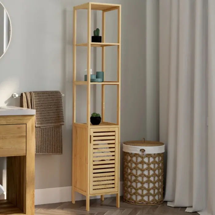 Meuble colonne en bambou pour salle de bain 1 porte