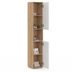 Meuble colonne salle de bain suspendu 2 portes 1 niche façon hêtre et blanc