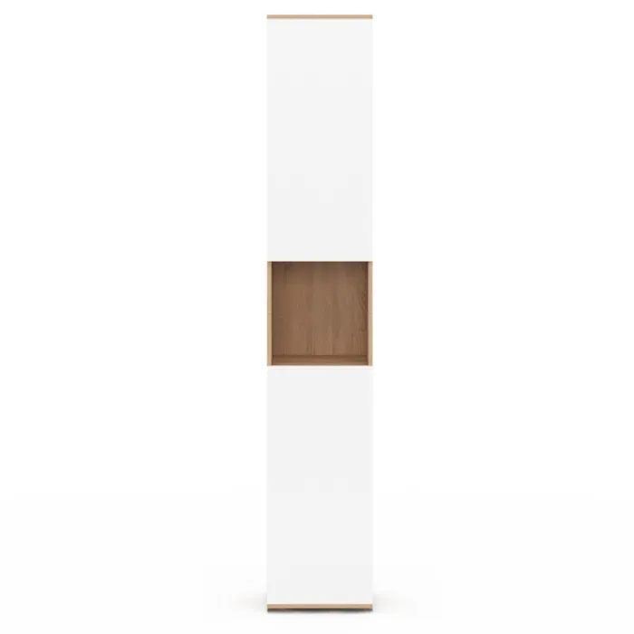 Meuble colonne salle de bain suspendu 2 portes 1 niche façon hêtre et blanc