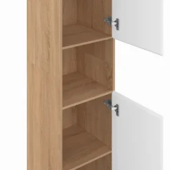 Meuble colonne salle de bain suspendu 2 portes 1 niche façon hêtre et blanc