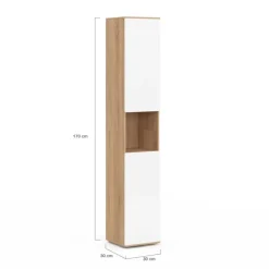 Meuble colonne salle de bain suspendu 2 portes 1 niche façon hêtre et blanc