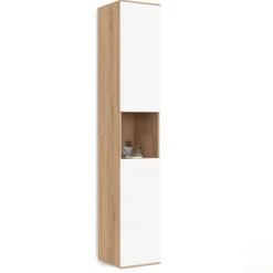 Meuble colonne salle de bain suspendu 2 portes 1 niche façon hêtre et blanc