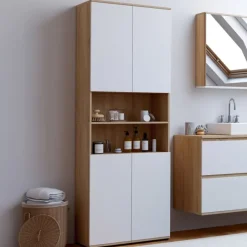 Meuble colonne salle de bain 4 portes 2 niches façon hêtre et blanc