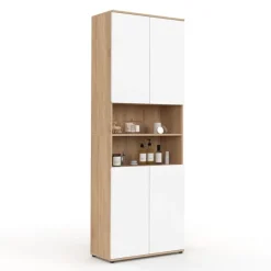 Meuble colonne salle de bain 4 portes 2 niches façon hêtre et blanc