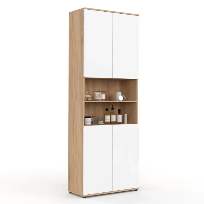 Meuble colonne salle de bain 4 portes 2 niches façon hêtre et blanc