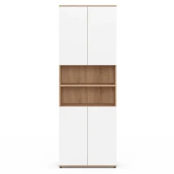 Meuble colonne salle de bain 4 portes 2 niches façon hêtre et blanc