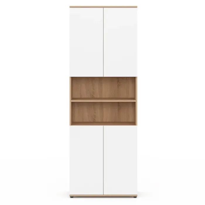 Meuble colonne salle de bain 4 portes 2 niches façon hêtre et blanc