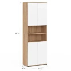 Meuble colonne salle de bain 4 portes 2 niches façon hêtre et blanc