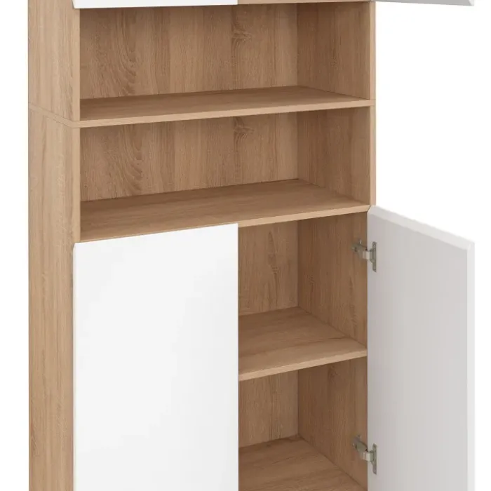 Meuble colonne salle de bain 4 portes 2 niches façon hêtre et blanc