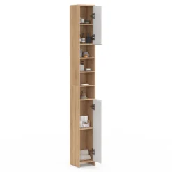 Meuble colonne salle de bain 2 portes 4 niches façon hêtre et blanc
