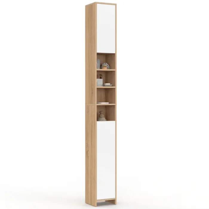Meuble colonne salle de bain 2 portes 4 niches façon hêtre et blanc