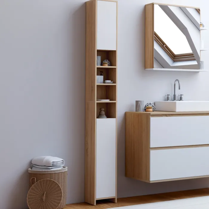 Meuble colonne salle de bain 2 portes 4 niches façon hêtre et blanc
