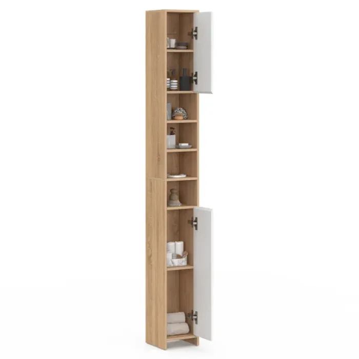 Meuble colonne salle de bain 2 portes 4 niches façon hêtre et blanc