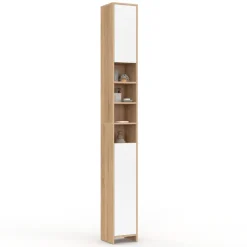 Meuble colonne salle de bain 2 portes 4 niches façon hêtre et blanc