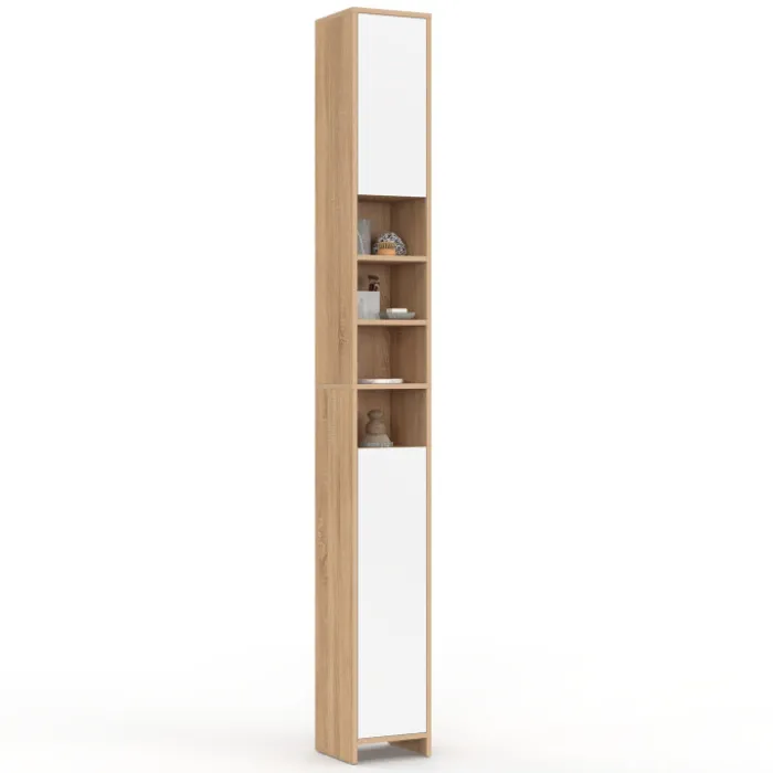 Meuble colonne salle de bain 2 portes 4 niches façon hêtre et blanc