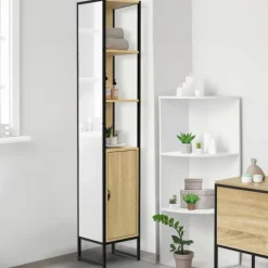 Meuble colonne salle de bain 1 porte avec miroir et étagères
