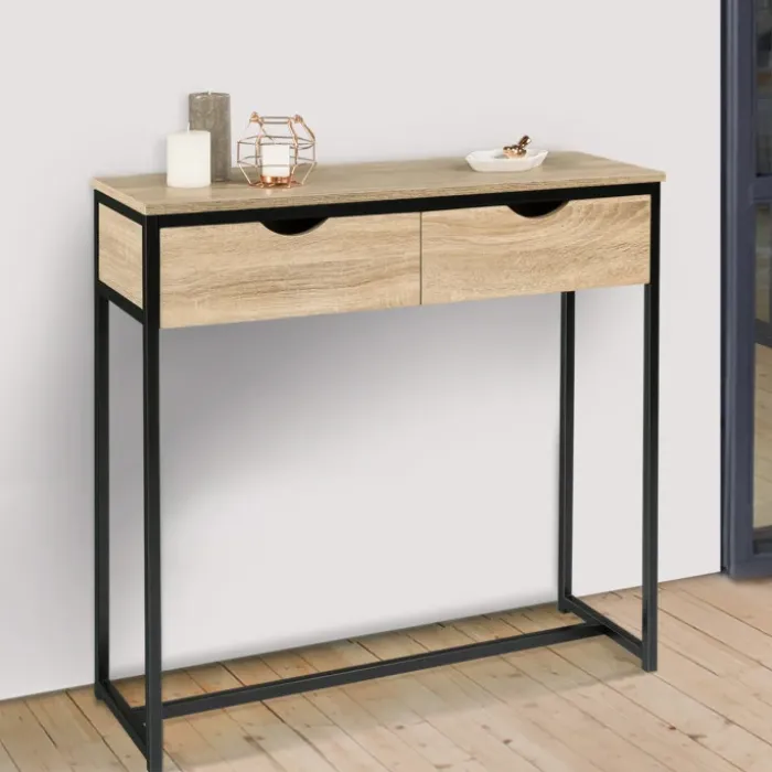 Meuble console industrielle 2 tiroirs bois et métal 90 cm