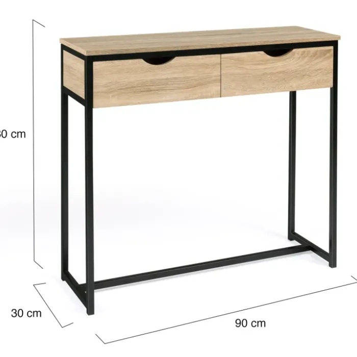 Meuble console industrielle 2 tiroirs bois et métal 90 cm