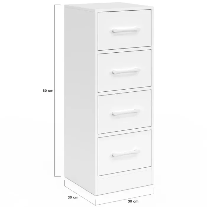 Meuble d'appoint 4 tiroirs 30 cm chiffonnier, meuble de rangement bois blanc