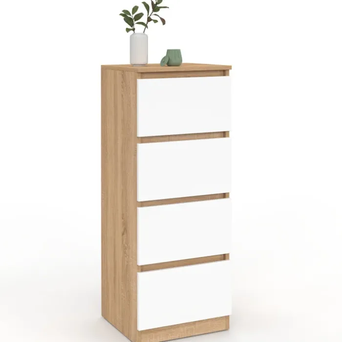 Meuble d'appoint 4 tiroirs 30 cm chiffonnier bois façon hêtre et blanc pour entrée salle de bain