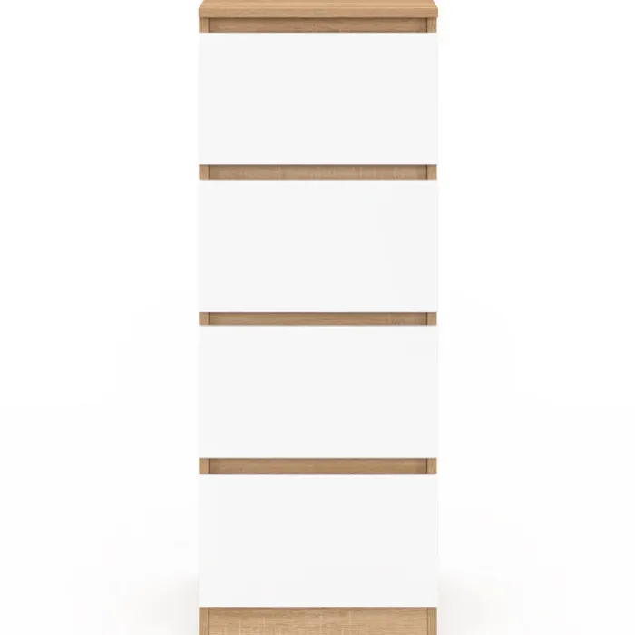 Meuble d'appoint 4 tiroirs 30 cm chiffonnier bois façon hêtre et blanc pour entrée salle de bain