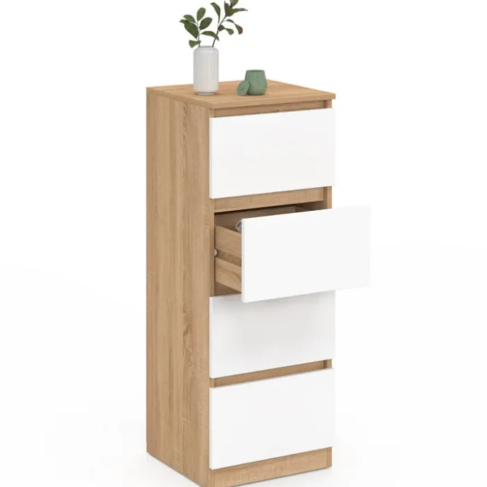 Meuble d'appoint 4 tiroirs 30 cm chiffonnier bois façon hêtre et blanc pour entrée salle de bain