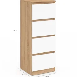 Meuble d'appoint 4 tiroirs 30 cm chiffonnier bois façon hêtre et blanc pour entrée salle de bain