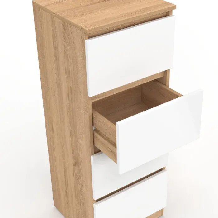 Meuble d'appoint 4 tiroirs 30 cm chiffonnier bois façon hêtre et blanc pour entrée salle de bain