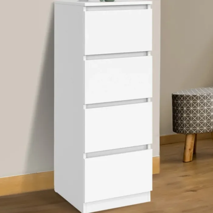 Meuble d’appoint chiffonnier avec 4 tiroirs de 30 cm en bois blanc