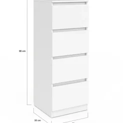Meuble d’appoint chiffonnier avec 4 tiroirs de 30 cm en bois blanc