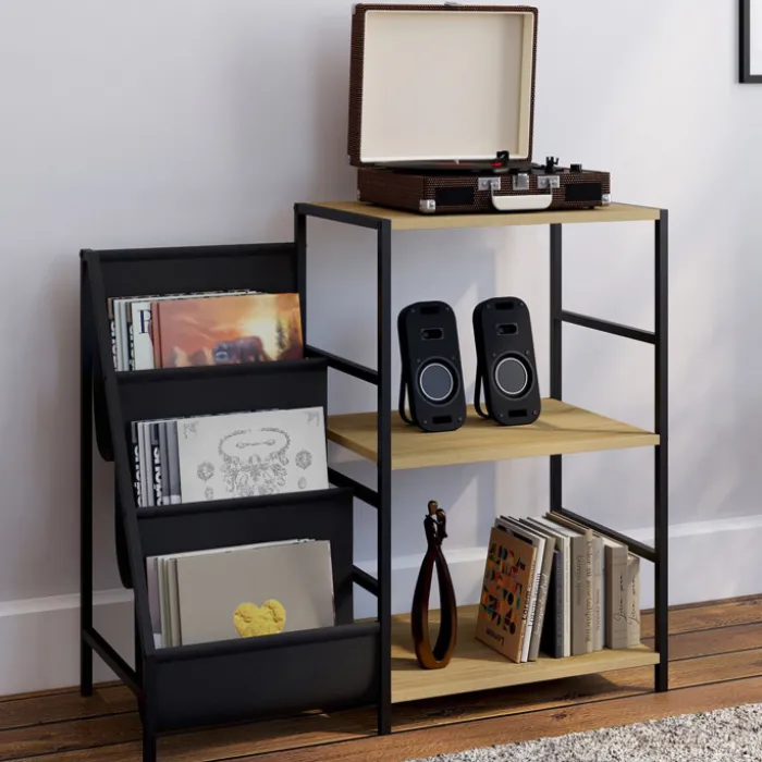 Meuble d'appoint, rangement avec étagères, supports vinyles et platine design industriel