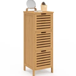 Meuble d'appoint salle de bain bambou 3 portes 30 x 30 x 80 cm