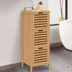Meuble d'appoint salle de bain bambou 3 portes 30 x 30 x 80 cm