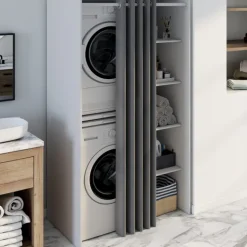 Meuble de buanderie double machine à laver avec rideau coulissant blanc