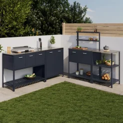 Meuble de cuisine extérieure 3 portes avec 1 étagère en acier gris anthracite